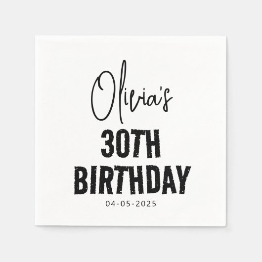 Serviette En Papier Script noir moderne 30e anniversaire chic & minima (Devant)