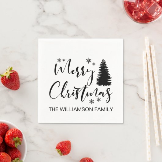 Serviette En Papier Script noir moderne "Joyeux Noël" et sapin (En situation)