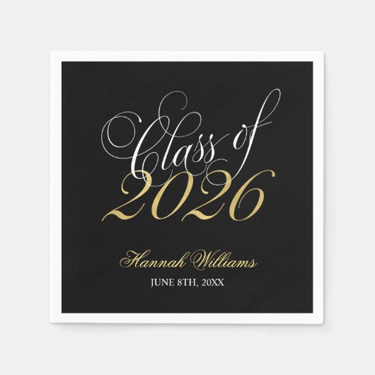 Serviette En Papier Script Or Noir Promotion 2026 Diplôme (Devant)