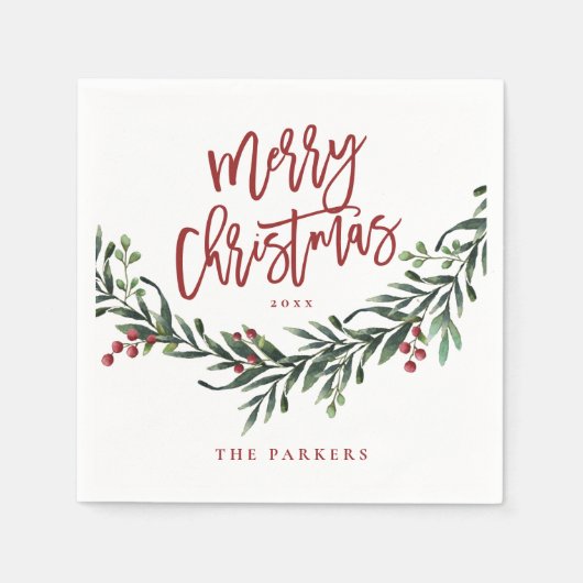 Serviette En Papier Script rouge moderne Joyeux décor de Noël (Devant)