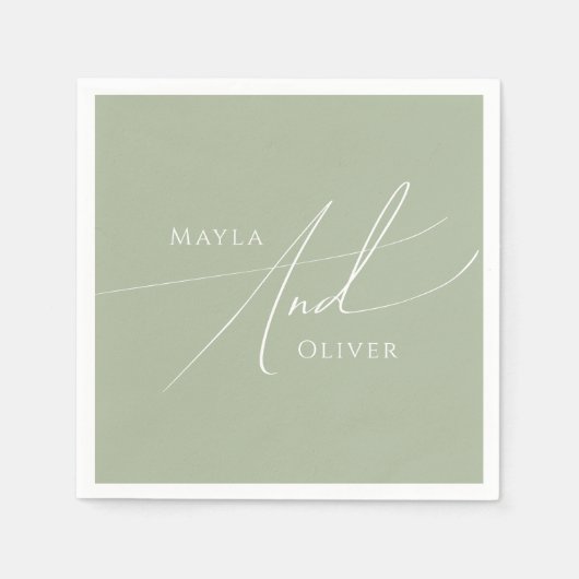 Serviette En Papier Script Whimsical | Mariage vert Sage (Devant)