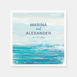 Serviette En Papier Sea Blue Beach Waves Coastal Watercolor Mariage