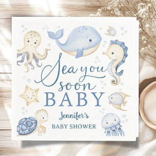 Serviette En Papier Sea You Soon Boy Baby Shower Ocean Bleu 