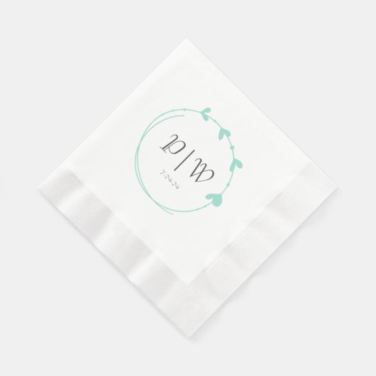 Serviette En Papier Seafoam Simple Coeur Wreath Monogram Mariage (Coin)
