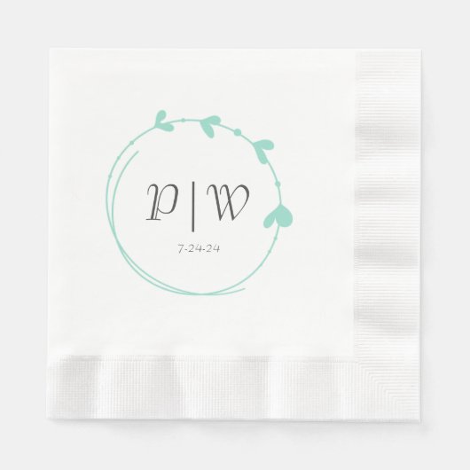 Serviette En Papier Seafoam Simple Coeur Wreath Monogram Mariage (Devant)