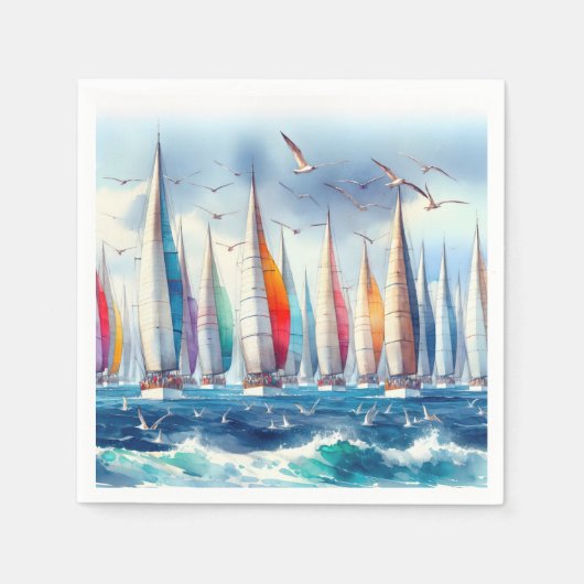 Serviette En Papier Seagulls Soaring With a Sailboat Regatta (Devant)
