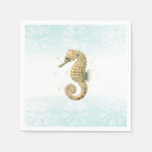 Serviette En Papier Seahorse Turquoise & Gold Watercolor Plage côtière