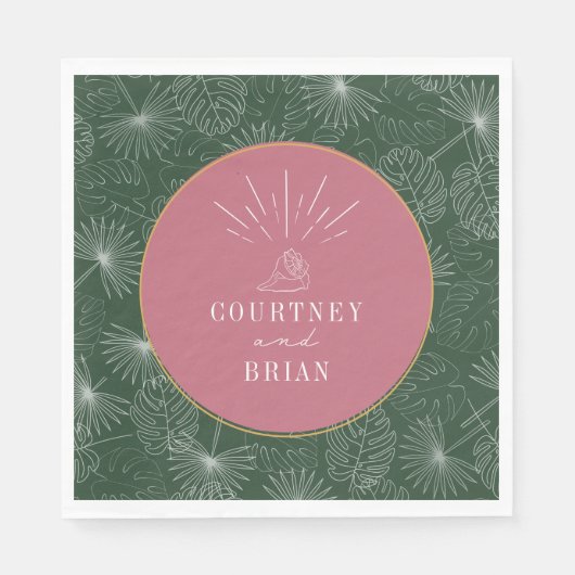 Serviette En Papier Seashell Pink & Green Palm Plage tropicale Mariage (Devant)