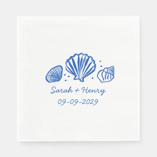 Serviette En Papier Seashells Beach Wedding Bleu Blanc CUSTOM (Devant)