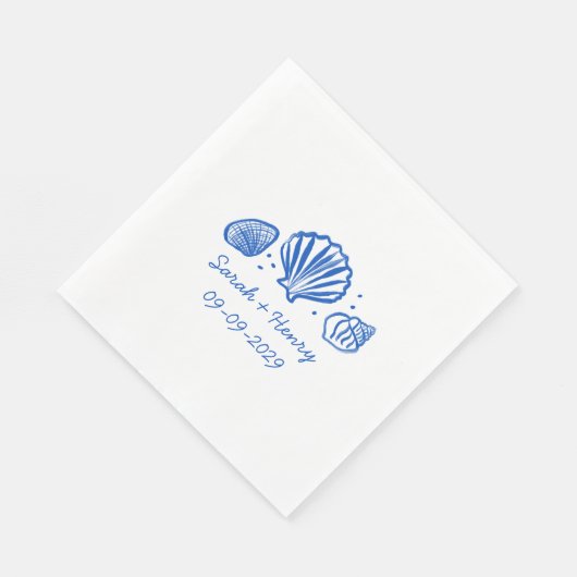 Serviette En Papier Seashells Beach Wedding Bleu Blanc CUSTOM (Coin)