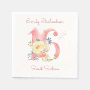 Serviette En Papier Seize Ans Fleurs Rose Pâle Anniversaire 16 Ans