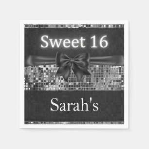 Serviette En Papier Séquin d'argent et corbeille noire 16 serviettes