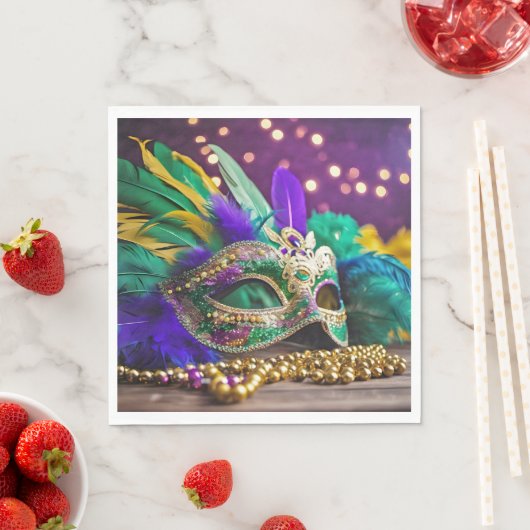 Serviette En Papier Séquin Mardi Gras Masque Avec Perles (En situation)