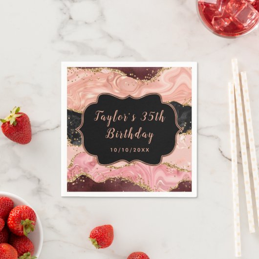 Serviette En Papier Séquins noirs et roses Agate Anniversaire (En situation)