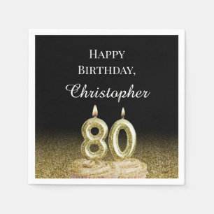 Serviette En Papier Serviettes 80e anniversaire noir, blanc et or