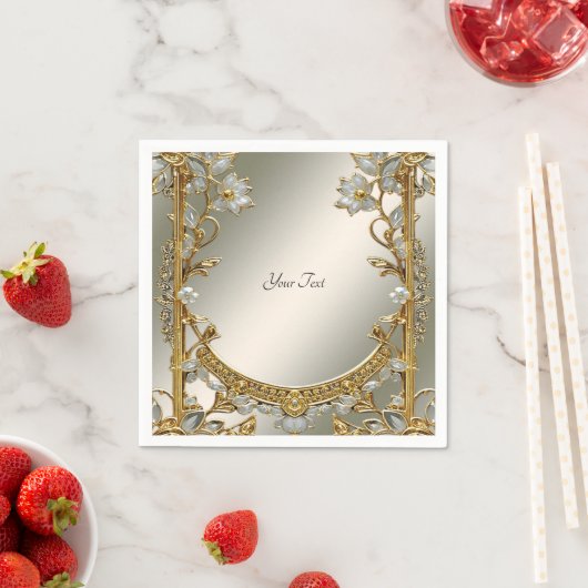 Serviette En Papier Serviettes de fleurs blanches dorées (En situation)