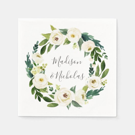 Serviette En Papier Serviettes de Mariage à fleurs blanches et vertes (Devant)