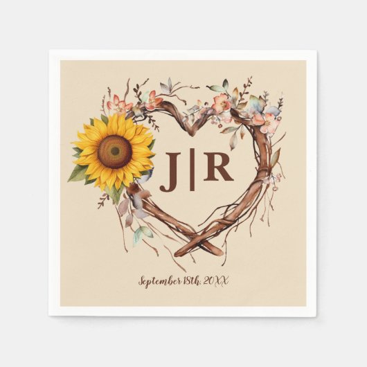 Serviette En Papier Serviettes de Mariage de tournesol rustique (Devant)
