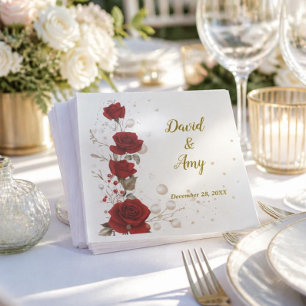 Serviette En Papier Serviettes de mariage élégantes rouge, or et blanc