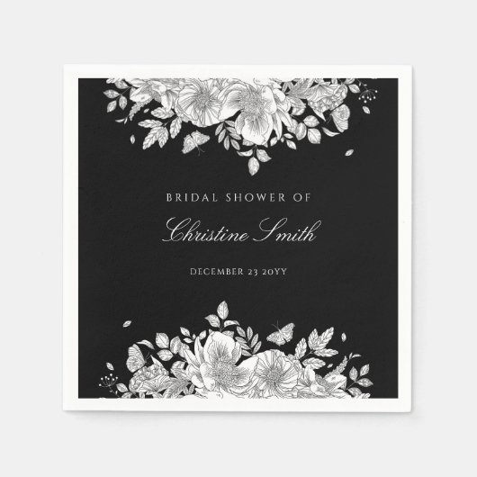 Serviette En Papier Serviettes de mariage floral noir élégant (Devant)