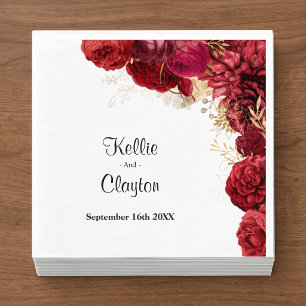 Serviette En Papier Serviettes de mariage florales rouges et or