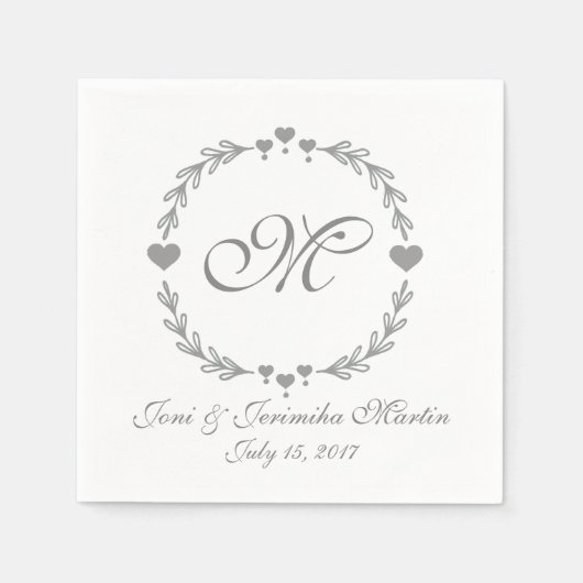Serviette En Papier Serviettes de Mariage monogramme au coeur d'argent (Devant)