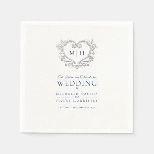 Serviette En Papier Serviettes de mariage monogramme de couronne bleu  (Devant)
