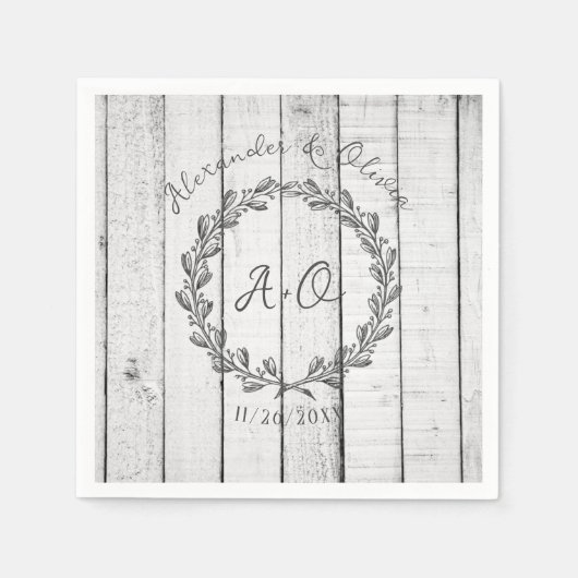 Serviette En Papier Serviettes de Mariage Monogramme Rustique Blanc (Devant)