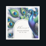 Serviette En Papier Serviettes de mariage personnalisées Peacock et pl<br><div class="desc">Ces serviettes mariages sont dotées d'un paon avec plumes et du mot "Cheers" dans la typographie de script à la mode. Utilisez les champs modèle pour ajouter vos noms et votre date de mariage ou du texte personnalisé. Pour voir plus de déco mariage majestueuse visitez www.zazzle.com/dotellabelle Art et design de...</div>