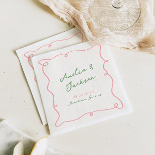 Serviette En Papier Serviettes de mariage vertes et roses dessinées à 