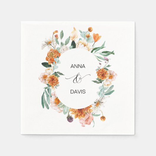 Serviette En Papier Serviettes de Mariages floraux orange et vert (Devant)