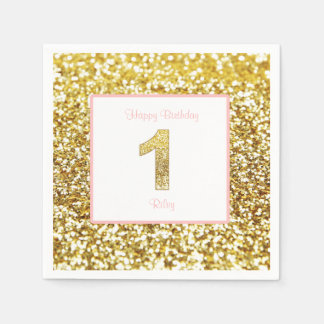 Serviette En Papier Serviettes de premier anniversaire rose et or