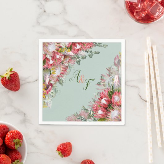 Serviette En Papier Serviettes Feuilles Fuchsia Protea's & Sage Green (En situation)