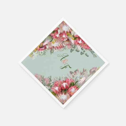 Serviette En Papier Serviettes Feuilles Fuchsia Protea's & Sage Green (Coin)