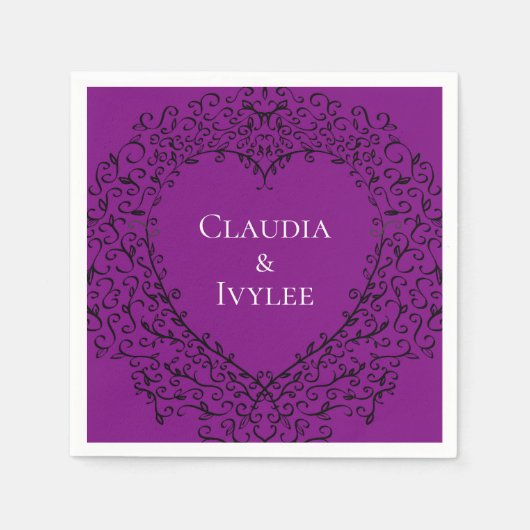 Serviette En Papier Serviettes gothiques de mariage de coeur pourpre (Devant)