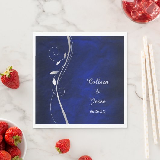 Serviette En Papier Serviettes Mariage bleu feuille argent (En situation)