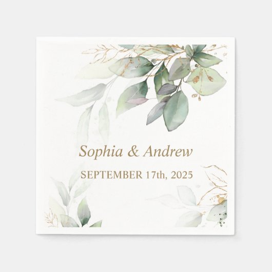 Serviette En Papier Serviettes Mariage Eucalyptus Verdure & Or (Devant)