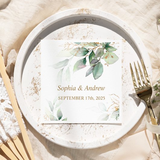 Serviette En Papier Serviettes Mariage Eucalyptus Verdure & Or