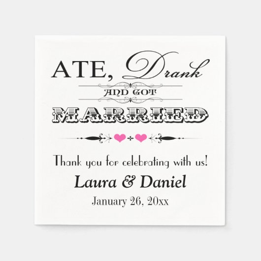 Serviette En Papier Serviettes Mariages Coeurs et manuscrits roses (Devant)