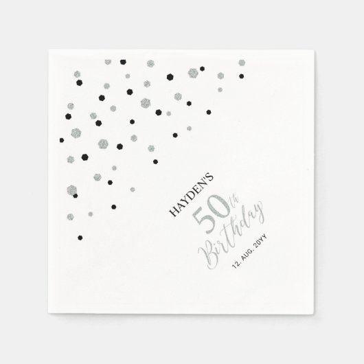 Serviette En Papier Serviettes modernes Silver & Black 50th Birthday P (Devant)