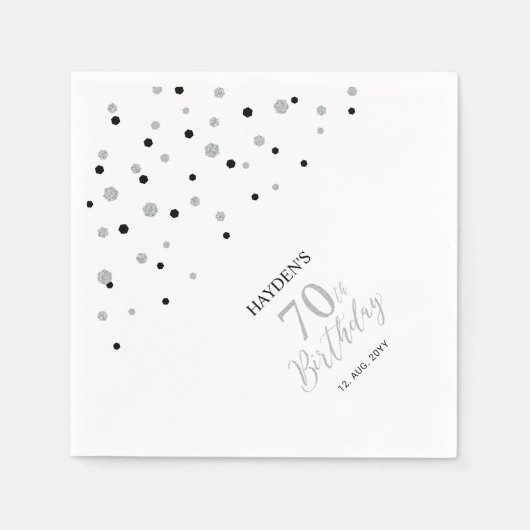 Serviette En Papier Serviettes modernes Silver & Black 70th Birthday P (Devant)