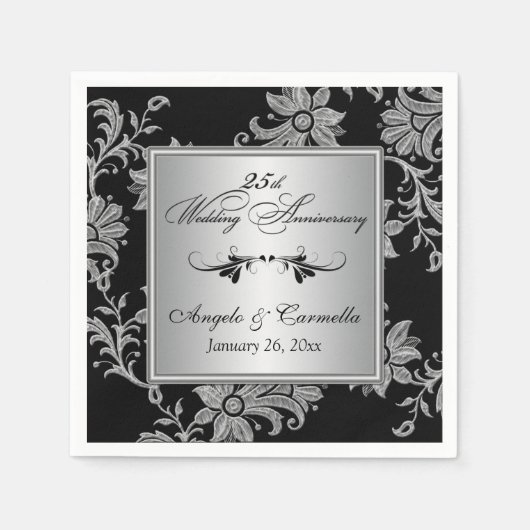 Serviette En Papier Serviettes noires, 25e anniversaire de Mariage en (Devant)