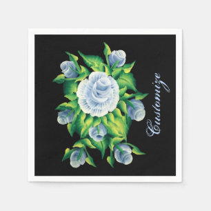 Serviette En Papier Serviettes noires personnalisées de roses bleus