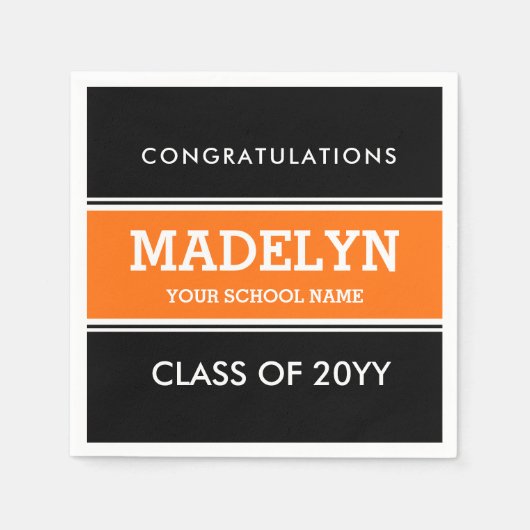 Serviette En Papier Serviettes Orange et Black Custom Graduation (Devant)