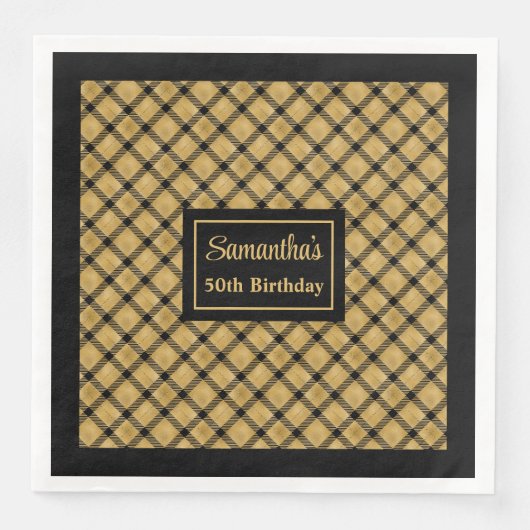 Serviette En Papier Serviettes personnalisées Noir Or Élégant Annivers (Devant)