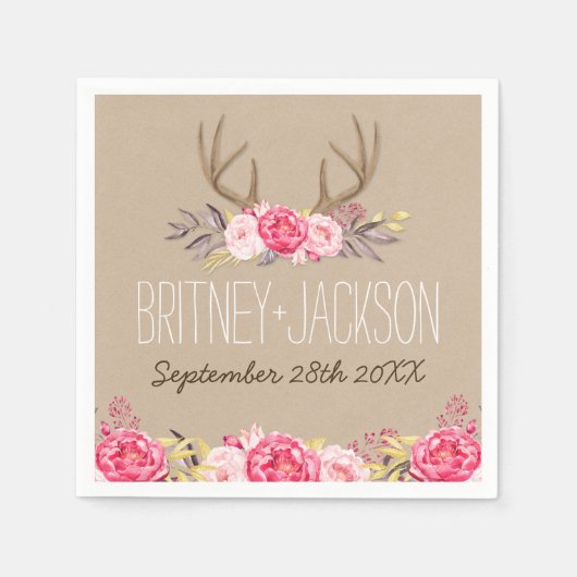 Serviette En Papier Serviettes Rustique Peony et Mariage Deer Antler (Devant)