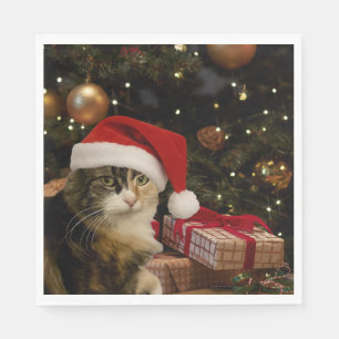 Serviette En Papier Serviettes Santa Cat au pied de l'arbre de Noël