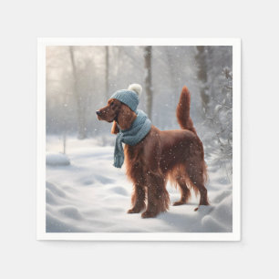 Serviette En Papier Setter Irlandais Dans La Forêt Neige