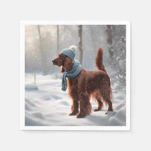 Serviette En Papier Setter Irlandais Dans La Forêt Neige (Devant)