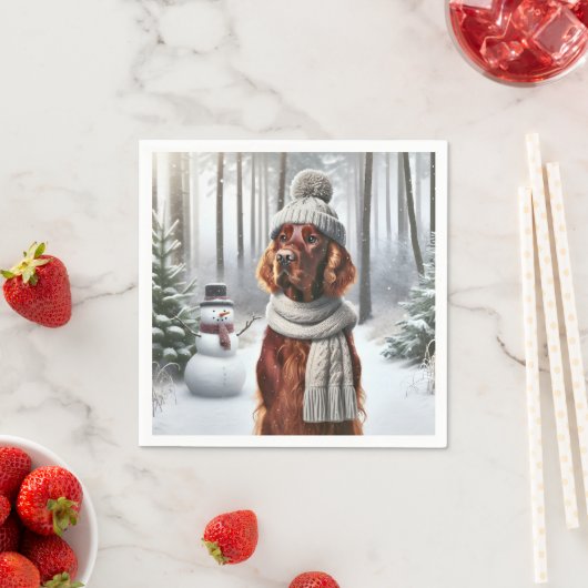 Serviette En Papier Setter irlandais de Noël avec Snowman (En situation)